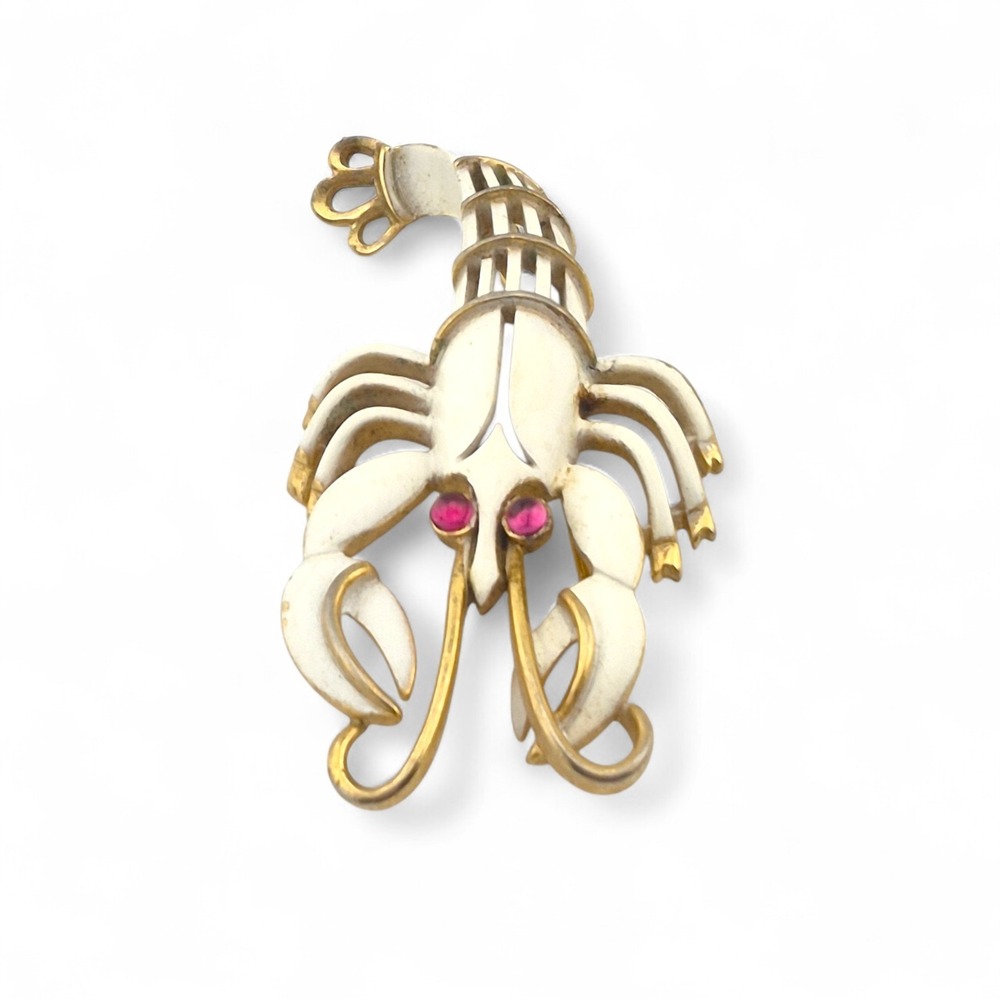 Vintage Crown Trifari Lobster Crawfish White Enamel Pin Brooch Red Rhinestone
